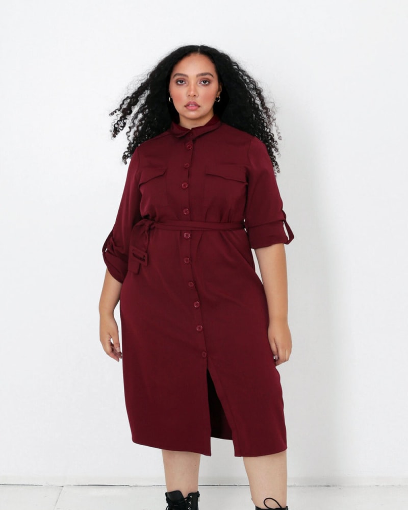 Front of a model wearing a size 1X (16W/18W) Gigi Shirt Dress in Rooibos by LuvMeMore. | dia_product_style_image_id:266561